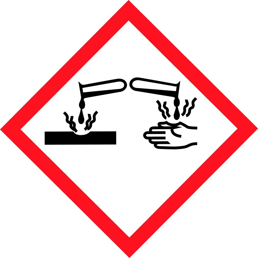 GHS-Symbol: Reagenzgläser tropfen auf Hand und Oberfläche (Verätzungsgefahr)