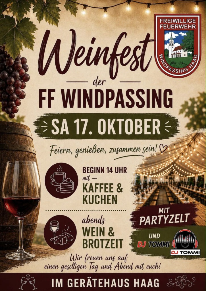 Plakat: Weinfest der FF Windpassing am Samstag, 17. Oktober, im Gerätehaus Haag